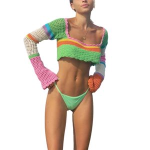 Women Summer Crop Tops Splicing Crochet Square Neck Long Sleeves Knitted T-shirt Tops Streetwear for Girls Green 240229