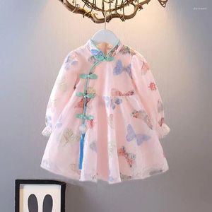 Flicka klänningar flickor blommor långärmad klänning vår höst barn prinsessa hanfu mode cheongsam 2024 klänning för baby