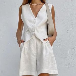 2023 Summer Women Cotton Linen Waistcoat Solid Single Vest Tops Two Piece Set Basic Wide Ben Shorts Outfits Y2K Office Lady 240301