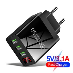 3 USB Wall Charger Quick Charge 3.1A Fast Charging Adapter LCD Digital Display US EU Phone Charger For iPhone 15 14 13 12 11 Pro Max Huawei Samsung Travel Home Smart Phone