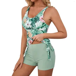 Conjuntos de tankinis femininos, trajes de banho femininos com estampa floral, alça espaguete, cintura alta, cintura alta, trajes de banho