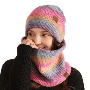 2 I 1 Outdoor Warm Tiedye Knit Scarf Hat Set European American Winter Women Unisex Gradient Color Fleece Beanie Kit 240227