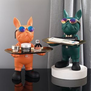 French Bulldog Butler Nordic Resin Dog Sculpture with Glass Modern Home Decor for Tabletop Living Room Animal Crafts Ornament 2202315o