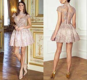 Classic Homecoming Dresses Sheer High Neck Illusion Cap Sleeves Lace Appliques Pink Party Graduation Cocktail Gowns2616830