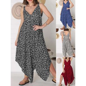 Womens Jumpsuit Sling Dresses Leopard Print Wide Leg One Piece Split Skirt