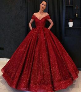 Sparkly Quinceanera Dresses Red Sequins Prom Party Dresses Off Shoulder Sleeveless Zipper Back Fashion Celebrity Evening Dress9827800