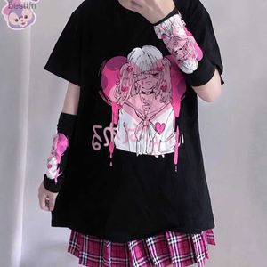 Damen T-Shirt T-Shirts Frauen Cartoon Print Freizeit Lose Streetwear T-Shirt Gothic Fe Harajuku Sommerkleidung E-Girl Kaii y2k ästhetisches Top 240311