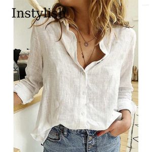 Blusas femininas elegantes camisas de linho de algodão feminino casual sólido botão lapela outono inverno manga longa solta topos túnica