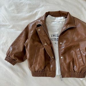 Jackets Autumn Boys Vintage Leather Jacket Solid Color Baby Coat Hong Kong Style Girls Spring And Clothing