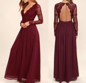 Burgundy Şifon Dantel Nedime Elbiseleri Batı Ülke Tarzı Vneck Sırtsız Uzun Kollu Dantel Üst Düğün Konuk Partisi Pageant D9116590