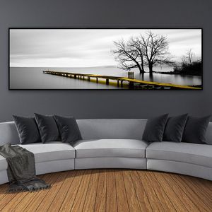 Calm Lake Surface Long Yellow Bridge Scene Black White Canvas Paintings Poster Prints Wall Art Pictures Living Room Home Decor268V