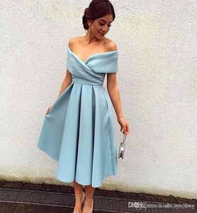 2019 New Arrival Tea Length Evening Dress Modest Sky Blue Off The Shoulder Satin Zipper Formal Party Gown Custom Made Plus Size7218244