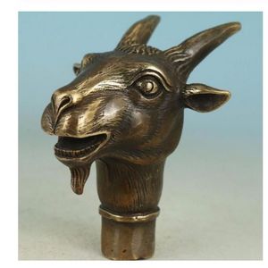 Collect Bronze Handmade Carving goat Head sheep head Cane Walking Stick Head Statue deer statue202n