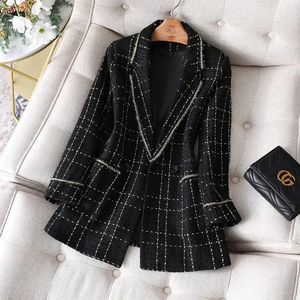 Übergroße karierte Tweed-Jacke, koreanische Mode, Langarm-Blazer-Mantel, Bürodame, eleganter Single-Button-Outwear in Übergröße, 240226