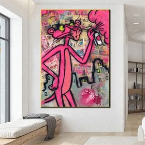 Dipinti Graffiti Pantera Rosa Pittura su tela Poster colorati e stampe Immagini di arte della parete di strada per soggiorno camera da letto Home212L