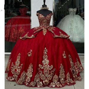 Czerwona księżniczka Quinceanera sukienki z ramion Puffy 3D Floral Applique Boning Corset Vestidos de 15 Quinceanera