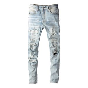 Män kristallhål rippade lapptäcke jeans streetwear ljus blå denim smal mager blyertsbyxor byxor 240226