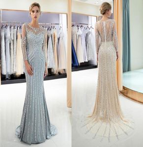 Sparkly Crystals Beaded Evening Dresses Crew Neck Sheer Long Sleeves Mermaid Tulle Prom Gowns Sequined Celebrity Pageant Wear3871668