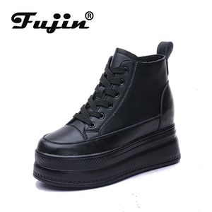 Fujin 9cm couro genuíno feminino sapatos casuais chunky tênis za plataforma cunha escondida salto altura alta superior feminino sapato vulcanizado 240228