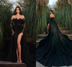 Arabic Dubai Black Split Evening Dreses Sexy Off Shoulders Backless Sleeve Prom Gowns with Detachable Long Skirt Custom Made BC15243