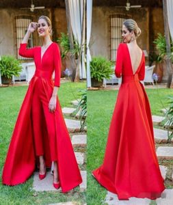 2019 New Red Jumpsuits Prom Dresses 34 Long Sleeves V Neck Formal Evening Party Gowns Cheap Special Occasion Pants PD606622797