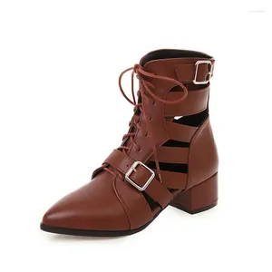 Boots Sell Manufacturer Cut Out Booties Lace Up Cool Pointy Toe Buckle Decor Autumn Shoes Chunky Medium Heels Casual Street