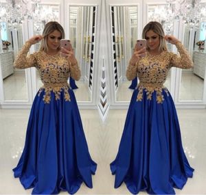 Seksowna królewska niebieska z złotymi koralikami koraliki wieczorowe sukienki Caftan Formal Suknie iluzja długie rękawy cekiny satynowe suknie konkursowe PL9101163