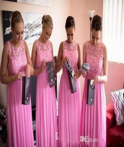 En linjetchiffong brudtärklänning med Bateau Lace -applikationer ärmlös golvlängd rosa brudtärklänningar Ruffles dragkedja tillbaka bri5888275
