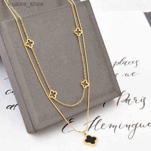 Pendant Necklaces Double Layered Clover Pendant Necklace Gold Stainless Steel Necklaces Jewelry for Women Gift L240315