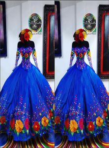 2022 Vintage Royal Blue messicano Sweet 16 Abiti Charro Fiore ricamato in raso con spalle scoperte Abito Quinceanera Illusion lungo 5548978