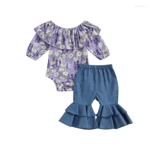 Set di abbigliamento Moda 2024 Born Baby Girls Outfit Clothes Set Manica lunga con spalle scoperte Daisy stampato Ruffles Pagliaccetto Pantaloni svasati elastici