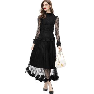 Women's Runway Dresses O Neck Long Sleeves Embroidery Appliques A Line Mesh Elegant Party Prom Vestidos