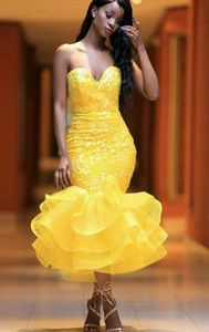 Sexy Yellow Cocktail Dresses Sweetheart Lace Applique Tea Length Ruffles Skirt Evening Dress African Girl Prom Gowns8647639