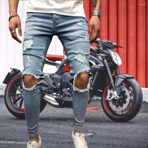 Men's Jeans Men Streetwear Knee Ripped Skinny Hip Hop Fashion Estroyed Pencil Pants Solid Color Male Stretch Casual Denim Big Trousers