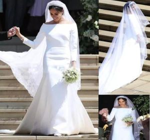 Meghan Markle White Wedding Dresses Bateau 34 Long Sleeve Sweep Train Simple Garden Chapel Vestido de Novia9794653