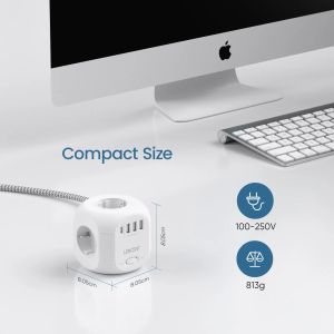 Plugue UE Power Strip com 4 tomadas AC 3 portas USB 1 tipo C 2M / 3M cabo trançado multi soquete com interruptor para casa