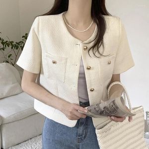 Damenjacken Retro Kleiner Duft O-Ausschnitt Weibliche Jacke Metallknöpfe Lose Allgleiches Einfache Tops 2024 Sommer Kurzarm-Tweed-Mantel