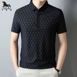 Polo skjorta män högkvalitativ sommaris silkemän kortärmad polo skjorta fransar ränder affärer casual mens polo shirt999 240305