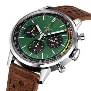 Relógios de pulso 2024 luxo mens quartzo cronógrafo relógio de aço inoxidável toptime marrom couro safira verde vermelho dial