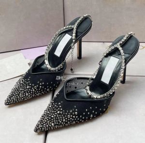 Yaz Zarif Saeda Topuklu Kristal Sandal Siyah Beyaz Kadın Pompaları Saç Pompalar Ayak Ayak Kesim Slingback Lady Akşam Düğün Gelin Elbise Ayakkabı