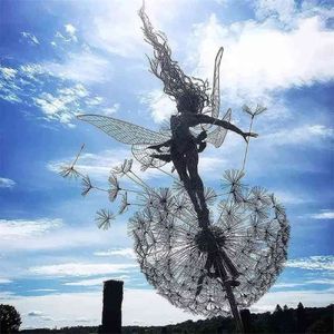 庭の装飾的なステークの妖精とタンポポが一緒に踊る金属ヤードアート装飾芝生の風景彫刻の装飾210911271L