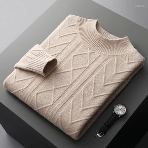 Men's Sweaters Pure Wool Cashmere Sweater Semi-high Neck Diamond Jacquard Pullover Casual Fashion Padded Knit Loose Coat.