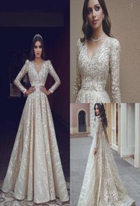 2020 Arabic Prom Dresses V Neck Lace Appliqued Sweep Train Long Sleeve Evening Dress A Line Custom Made Special Occasion Gowns4323224