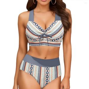 Women's Swimwear High-waisted Swimsuit Retro Printed Bikini Set With V-neck Bra High Waist Off Shoulder Bow Beach For Women Adjustable