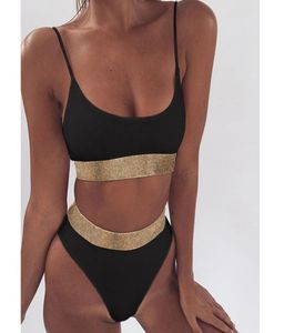 Błyszczące bikini ustawione na pchania stroje kąpielowe w talii kostium kąpielowy Kobiet Strap Pasek Biquini 2020 Solid Beachwear Sexy Bathing Suit59990353