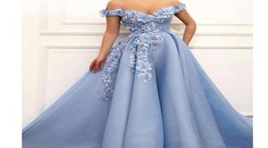 Designer Blue Off The Shoulder Prom Dresses 3D Flower Beading Abendkleider Aftonklänningar Draped Long Prom Dress 2022187603