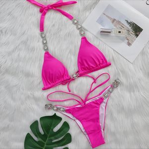 Costume da bagno donna rosa bikini sexy costume da bagno con strass bikini push up femminile costumi da bagno da spiaggia costumi da bagno bagnante