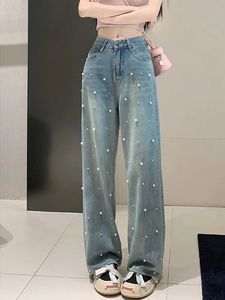 Vår- och sommardesign Sense Pearl Slimming Löst casual baggy jeans raka benbyxor Kvinnor Långa byxor Fashion 240311