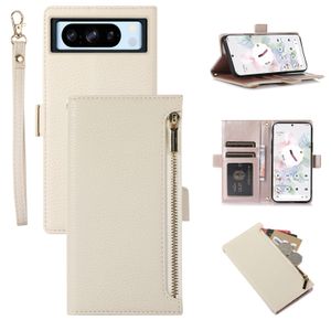 Shockproof Litchi Leather Zipper Card Holder Wallet Case For Google Pixel 8 Pro 7A 6A 6 7 Flip Stand Phone Cover Funda with Lanyard