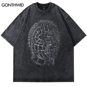 Erkekler Hip Hop Street Giyim Tişört Demir İnsan Kafa Modeli Grafik Tişört Siyah Pamuk Gevşek Tshirt Harajuku Büyük boy üstleri tees 240304